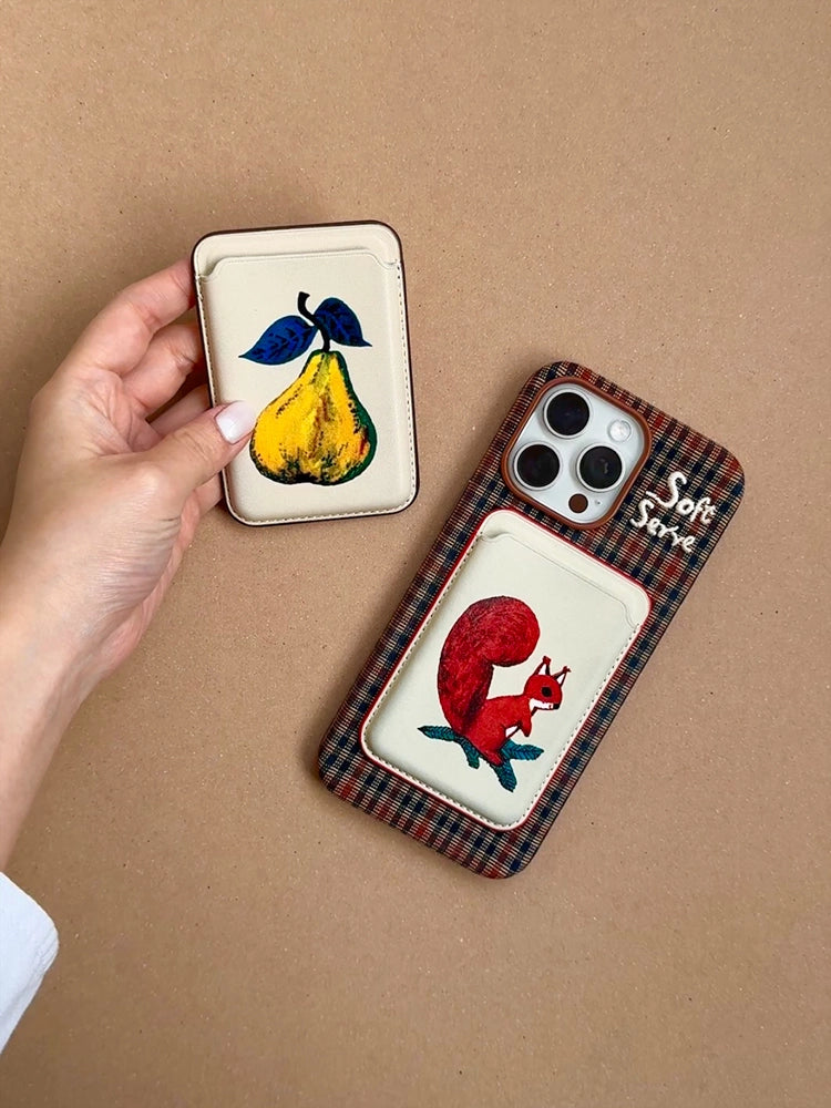 "Forest Pocket" Magnetic Leather Card Holder with Retro Illustration Print