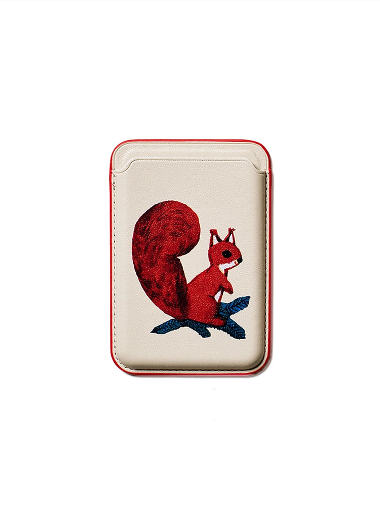 "Forest Pocket" Magnetic Leather Card Holder with Retro Illustration Print
