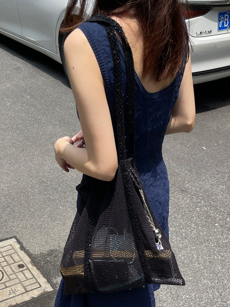 Sorbet Waffle Shoulder Bag with Handwoven Strap and Mesh Pocket