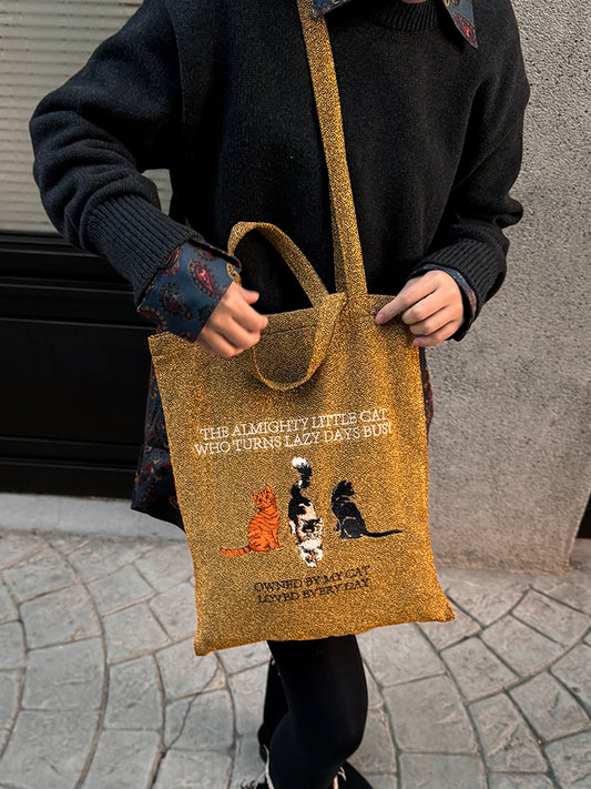 Embroidered Canvas Tote Bag - Featuring a Whimsical Gold Cat & Silver Dog