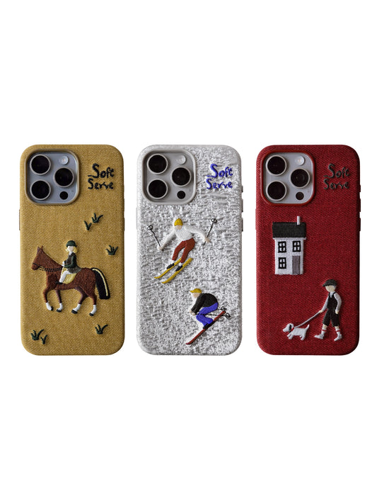 Skiing, Dog-Walking & Riding Theme Design Embroidered Fabric MagSafe Phone Case