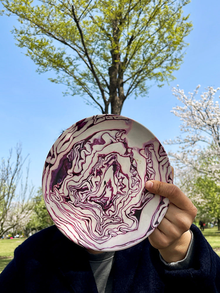Red Cabbage and Root Veggie Stripes Bamboo Fiber Plate