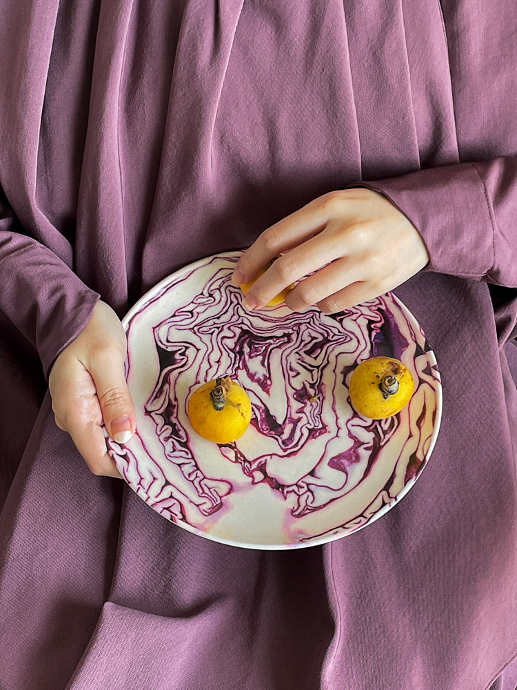 Red Cabbage and Root Veggie Stripes Bamboo Fiber Plate