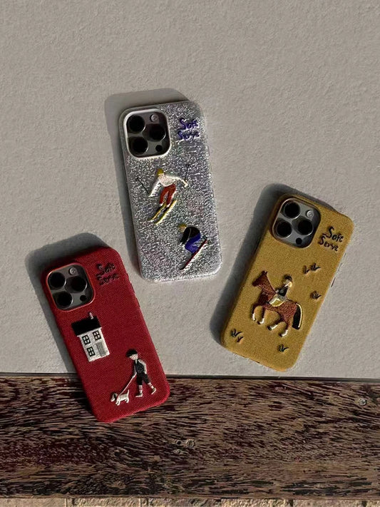 Skiing, Dog-Walking & Riding Theme Design Embroidered Fabric MagSafe Phone Case