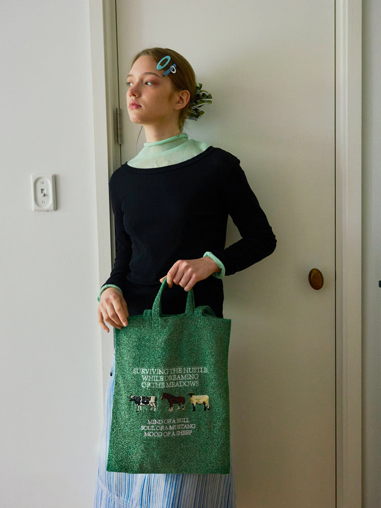 Lightweight Embroidered Tote Bag - Featuring an Ox, Horse & Sheep