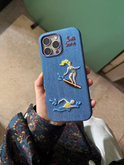 Surf & Tennis Theme Design Embroidered Fabric MagSafe Phone Case