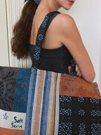 Luxe Jacquard & Floral Patchwork Tote  Artisan Canvas Bag