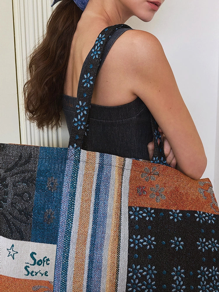 Luxe Jacquard & Floral Patchwork Tote  Artisan Canvas Bag