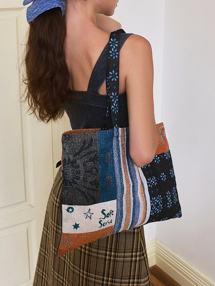 Luxe Jacquard & Floral Patchwork Tote  Artisan Canvas Bag