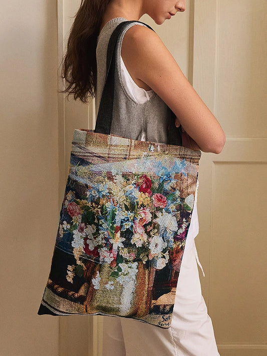 Luxe Jacquard & Floral Patchwork Tote  Artisan Canvas Bag