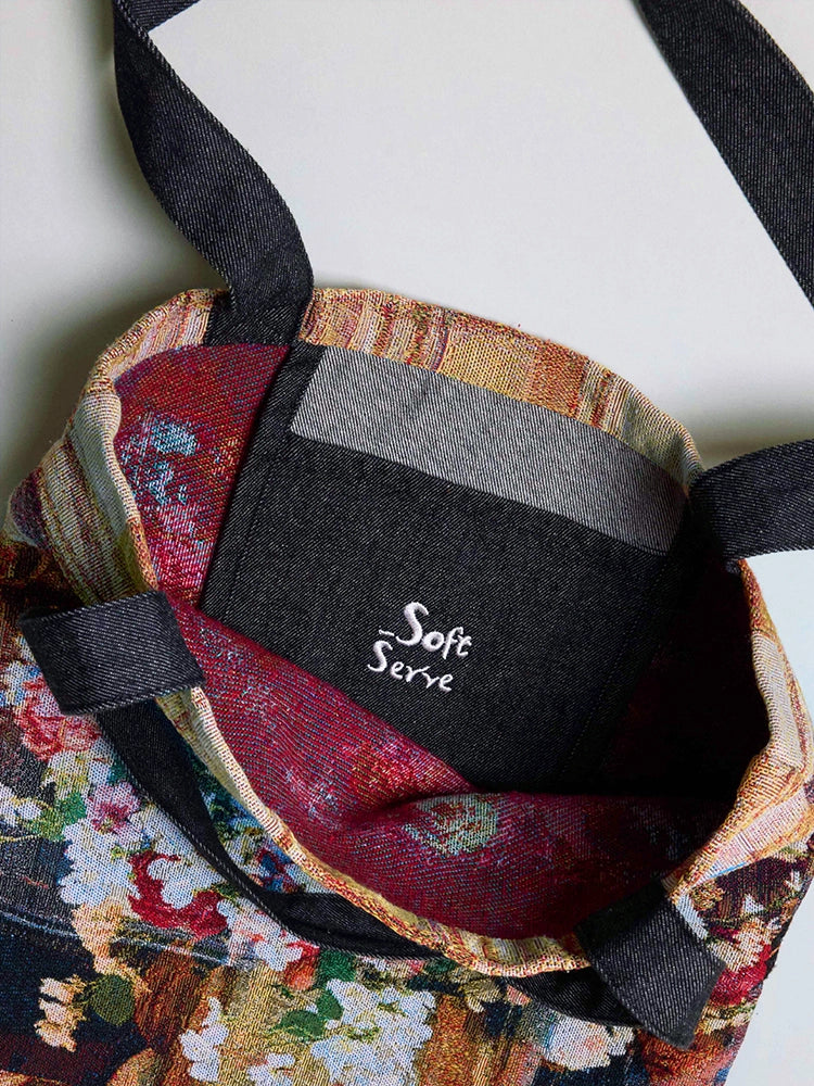 Luxe Jacquard & Floral Patchwork Tote  Artisan Canvas Bag