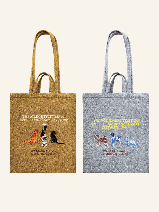 Embroidered Canvas Tote Bag - Featuring a Whimsical Gold Cat & Silver Dog