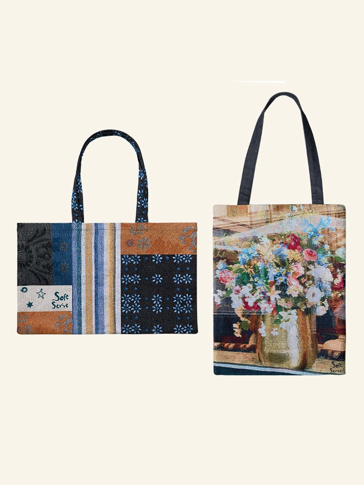 Luxe Jacquard & Floral Patchwork Tote  Artisan Canvas Bag