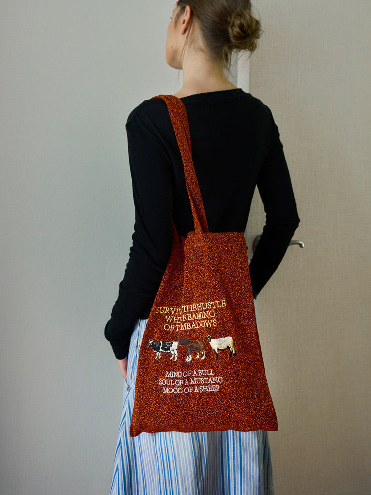 Lightweight Embroidered Tote Bag - Featuring an Ox, Horse & Sheep