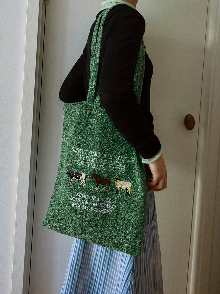 Lightweight Embroidered Tote Bag - Featuring an Ox, Horse & Sheep