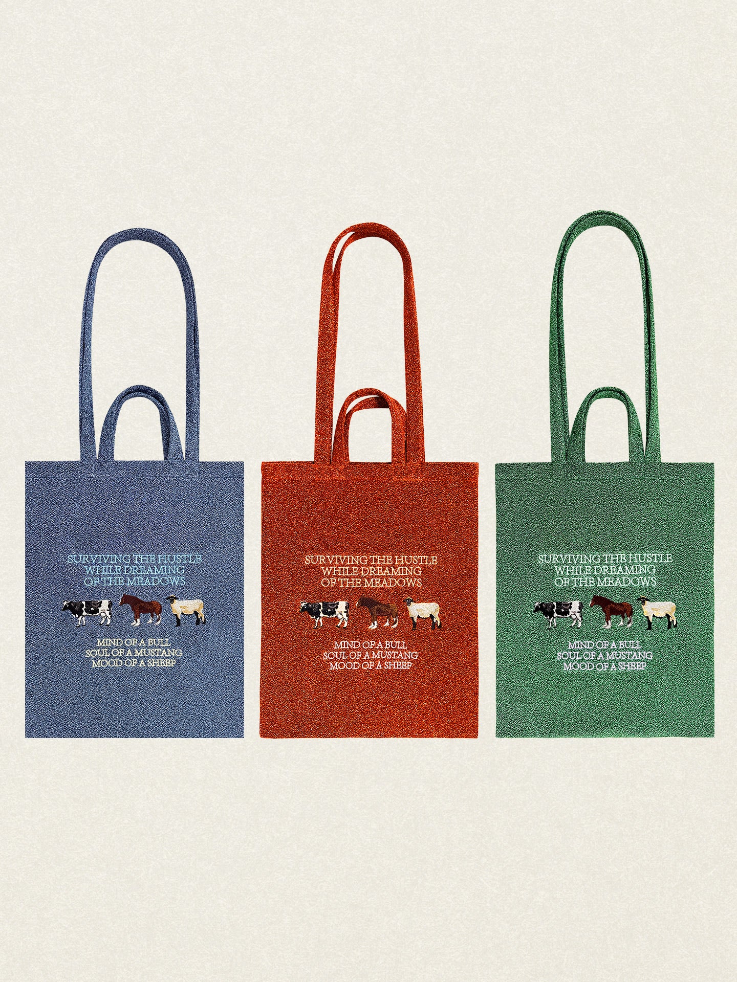 Lightweight Embroidered Tote Bag - Featuring an Ox, Horse & Sheep
