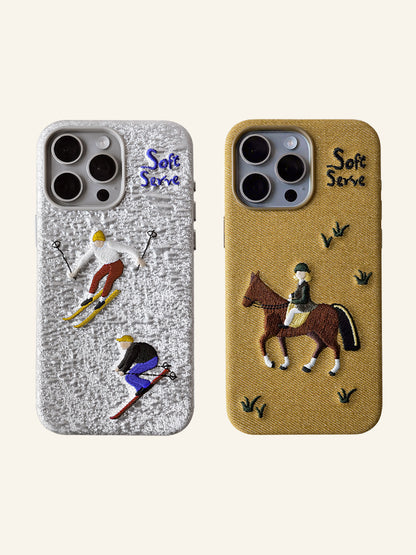 Skiing, Dog-Walking & Riding Theme Design Embroidered Fabric MagSafe Phone Case
