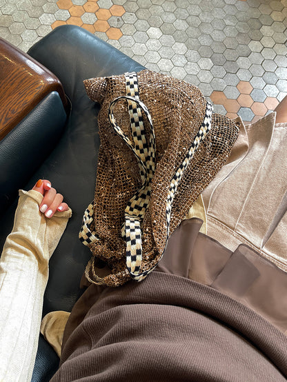 Sorbet Waffle Shoulder Bag with Handwoven Strap and Mesh Pocket