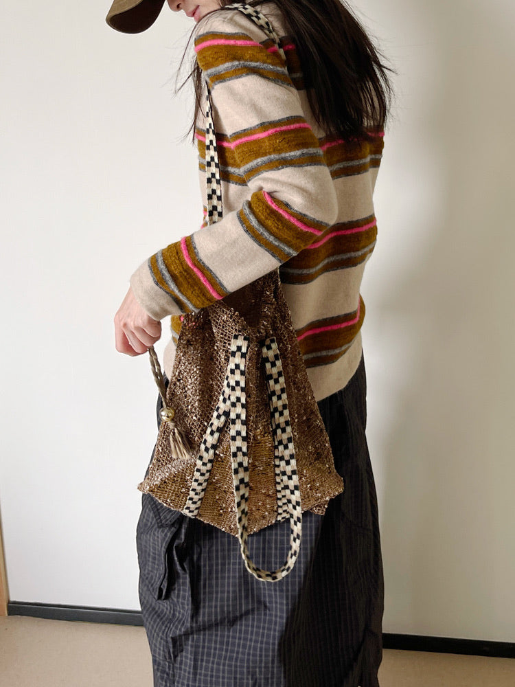 Sorbet Waffle Shoulder Bag with Handwoven Strap and Mesh Pocket