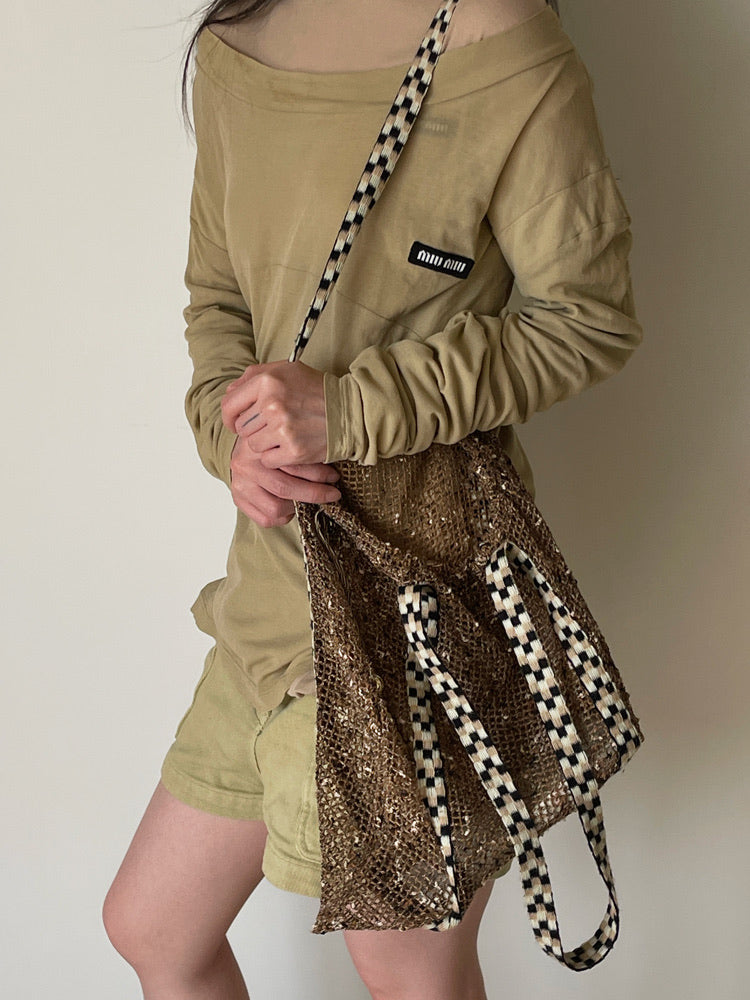 Sorbet Waffle Shoulder Bag with Handwoven Strap and Mesh Pocket