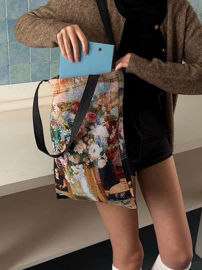 Luxe Jacquard & Floral Patchwork Tote  Artisan Canvas Bag