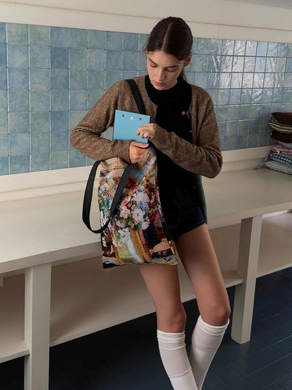 Luxe Jacquard & Floral Patchwork Tote  Artisan Canvas Bag