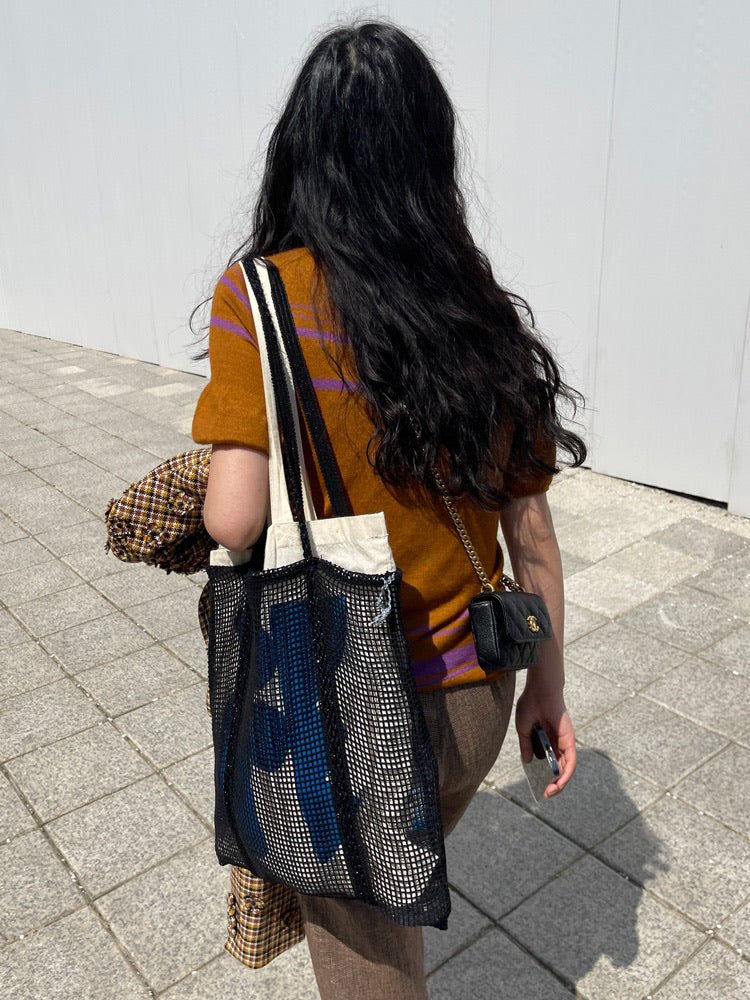 Sorbet Waffle Shoulder Bag with Handwoven Strap and Mesh Pocket