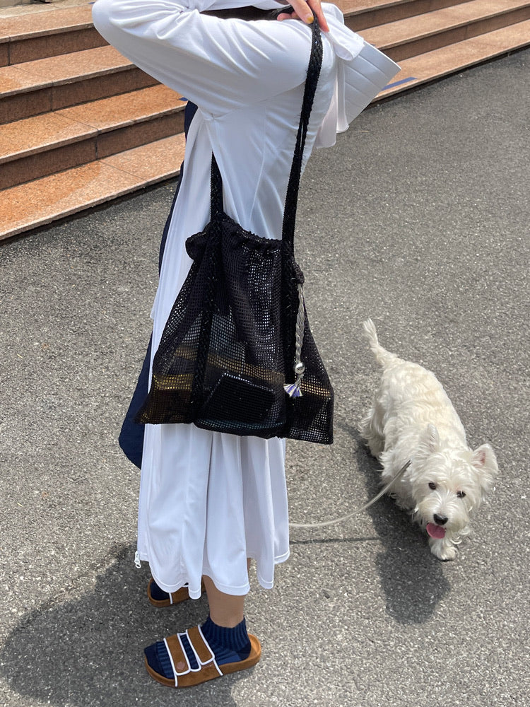 Sorbet Waffle Shoulder Bag with Handwoven Strap and Mesh Pocket