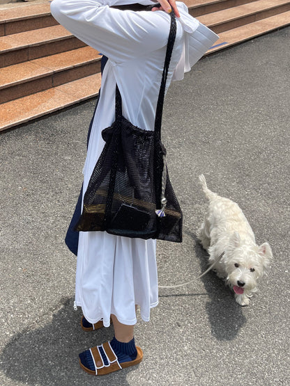 Sorbet Waffle Shoulder Bag with Handwoven Strap and Mesh Pocket