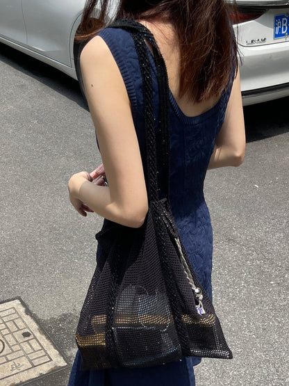 Sorbet Waffle Shoulder Bag with Handwoven Strap and Mesh Pocket