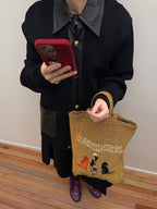 Embroidered Canvas Tote Bag - Featuring a Whimsical Gold Cat & Silver Dog