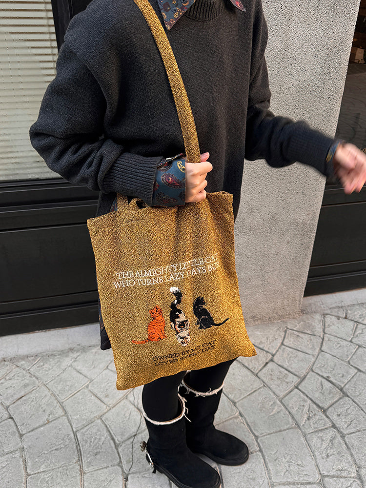 Embroidered Canvas Tote Bag - Featuring a Whimsical Gold Cat & Silver Dog