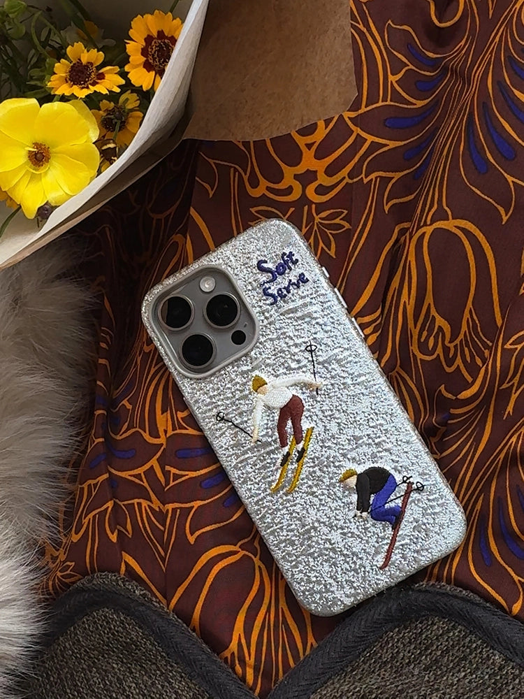 Skiing, Dog-Walking & Riding Theme Design Embroidered Fabric MagSafe Phone Case
