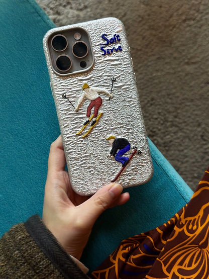 Skiing, Dog-Walking & Riding Theme Design Embroidered Fabric MagSafe Phone Case
