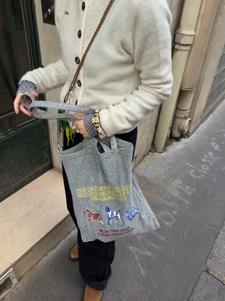 Embroidered Canvas Tote Bag - Featuring a Whimsical Gold Cat & Silver Dog