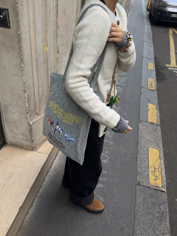 Embroidered Canvas Tote Bag - Featuring a Whimsical Gold Cat & Silver Dog