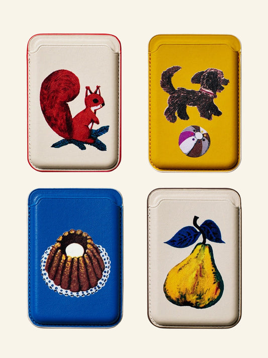 "Forest Pocket" Magnetic Leather Card Holder with Retro Illustration Print