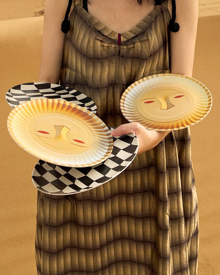 Face & Checkered Bamboo Fiber Plates